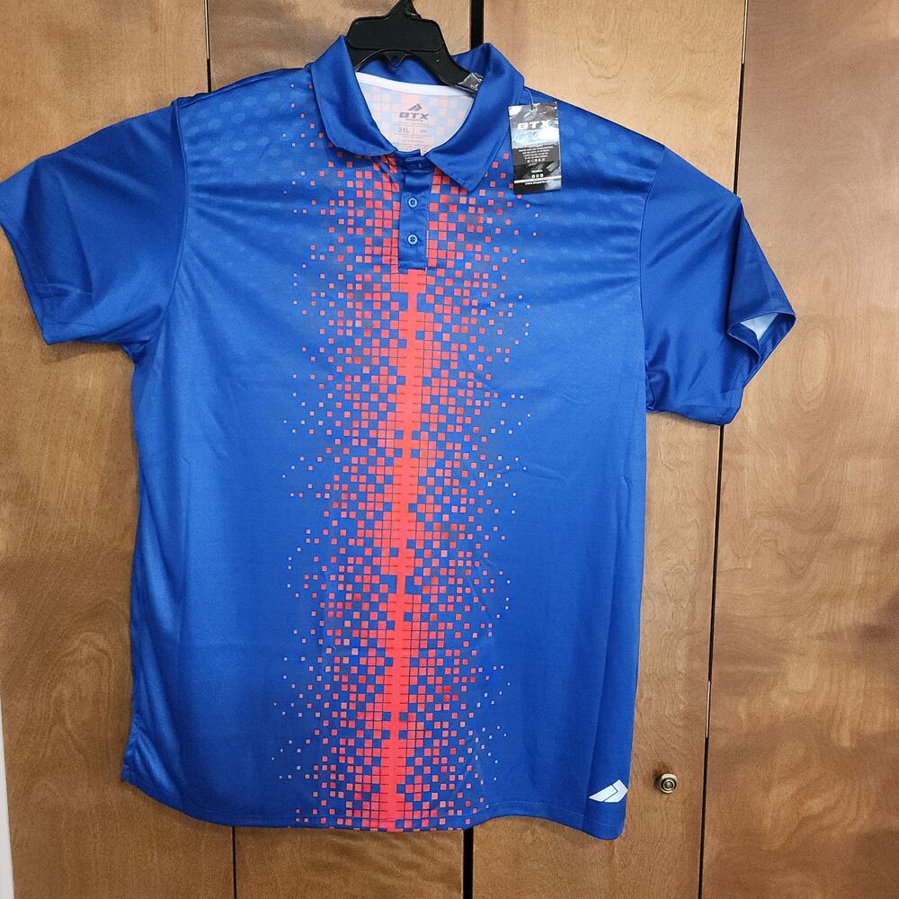 BTX Sports Men's 3XL Blue‎ Red Pixelated Geo Print Quick Dry Golf Polo Shirt